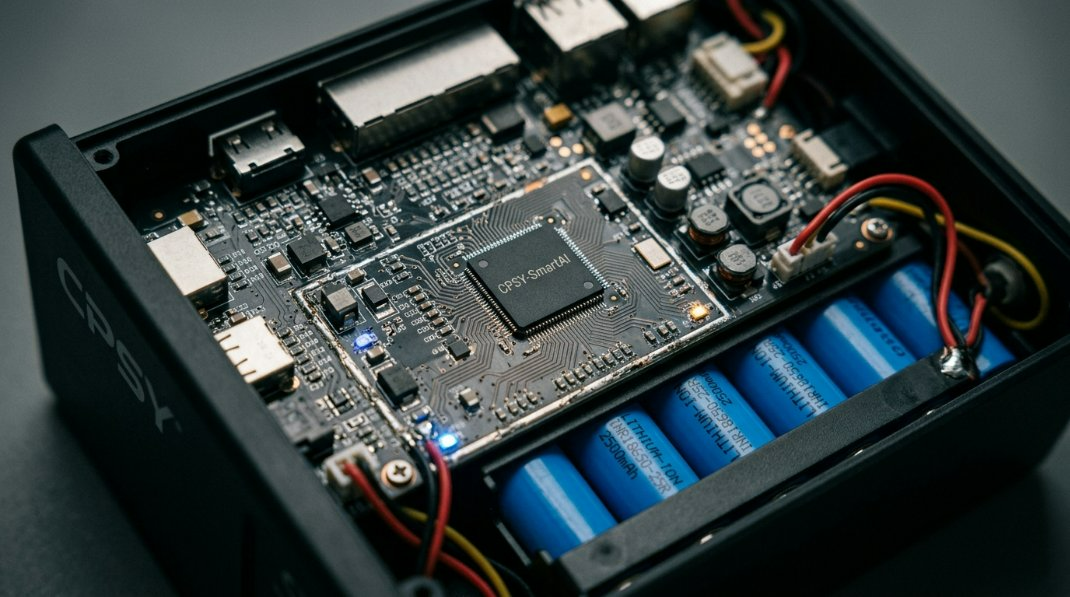 A high-tech circuit diagram illustrating the CPSY-SmartAI Intelligent Control Protocol managing battery cells inside a mini UPS enclosure.