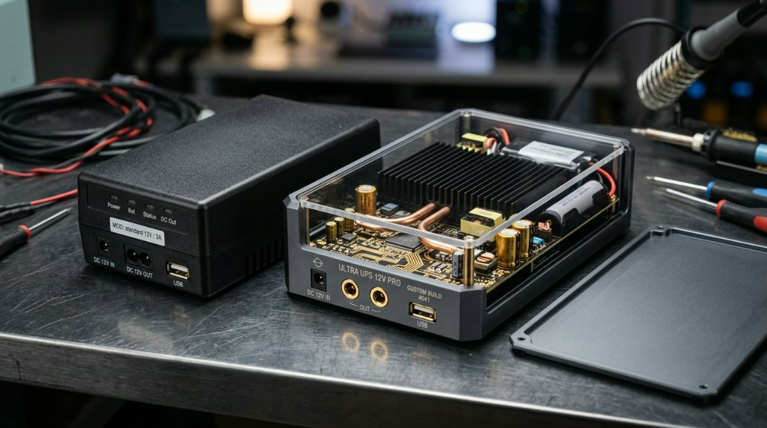 A direct visual comparison of a standard 12V Mini UPS with custom metal and plastic enclosures, highlighting premium components and heat-sink structures.